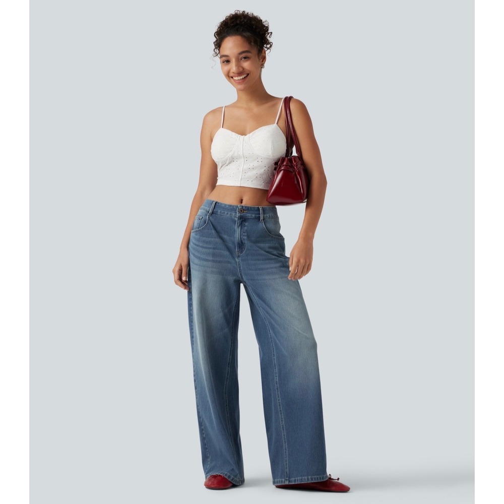 Halara Flex Mid Rise Washed Baggy Wide Leg Casual Jeans Blue Large L Regular